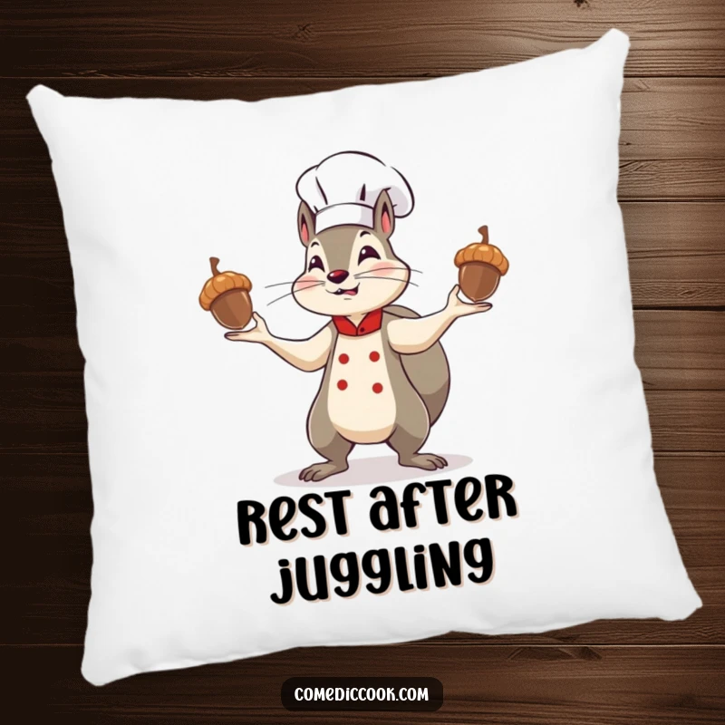 Funny squirrel chef pillow featuring a cute, determined character juggling acorns, adding a touch of humorous coziness to any room.