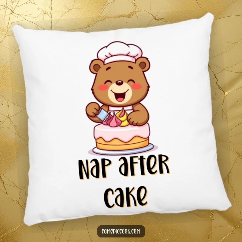 Funny bear chef character, decorating a cake with frosting swirls, featured on a soft, decorative pillow for a cozy, humorous touch.