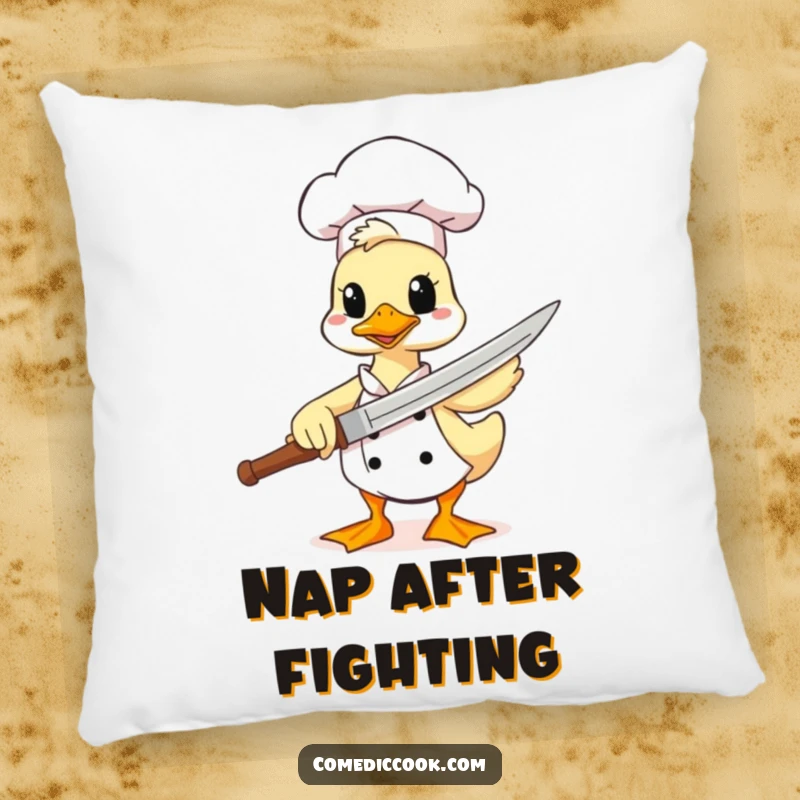 Funny duck chef pillow, a comical character with a spatula as a sword, adding a touch of quirky comfort and humor to any space.