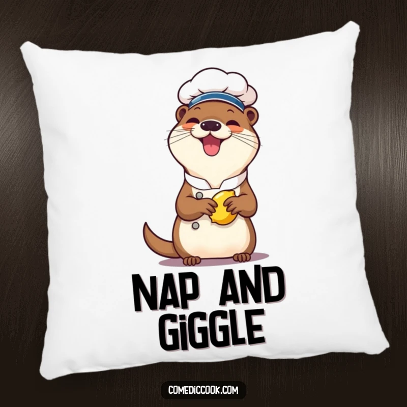 Funny otter chef pillow, a cheerful character giggling while squeezing a lemon, adding a touch of quirky comfort and zesty charm.