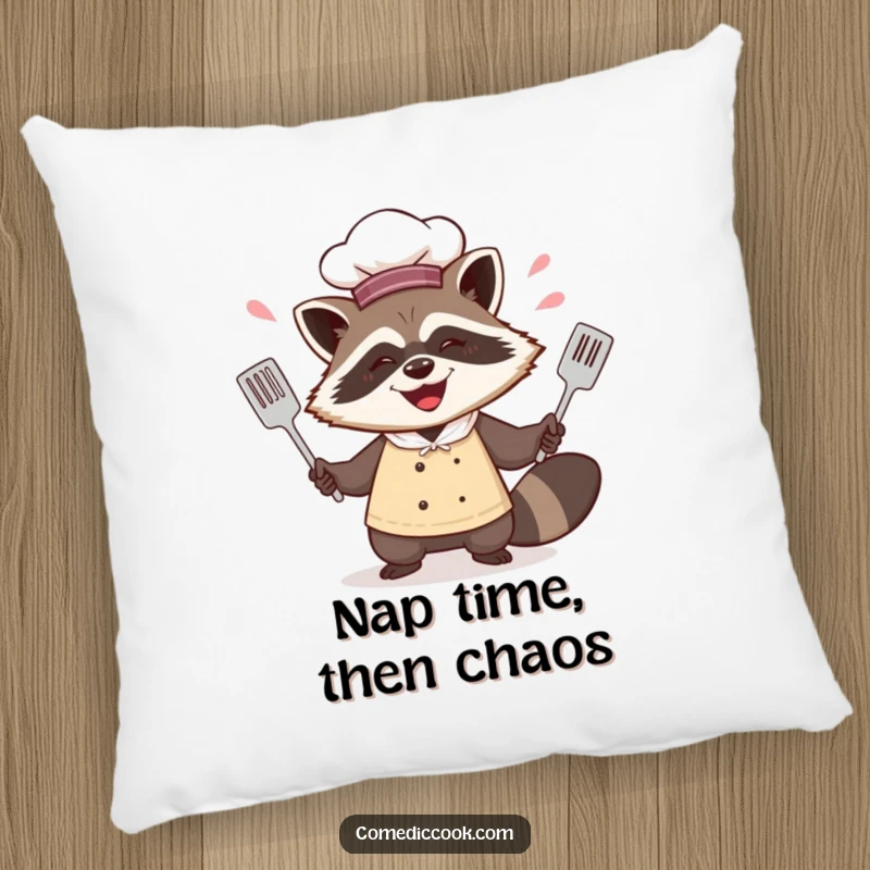 Funny raccoon chef pillow depicting him juggling spatulas with a mischievous grin, perfect for adding comfort and a splash of kitchen humor.