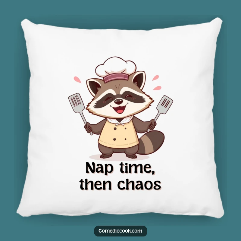 Funny Raccoon Chef Juggling Spatulas Pillow - Cozy Culinary Chaos!