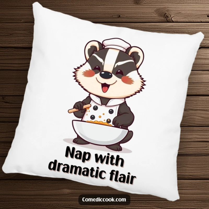 Funny badger chef pillow, a dramatic character seasoning a dish with a flourish, adding a touch of quirky comfort and culinary charm.