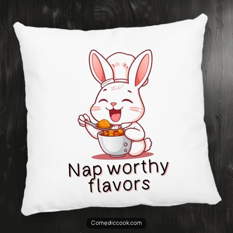 Funny Pillow: A plush pillow featuring a happy rabbit chef savoring a spoonful of delicious stew.