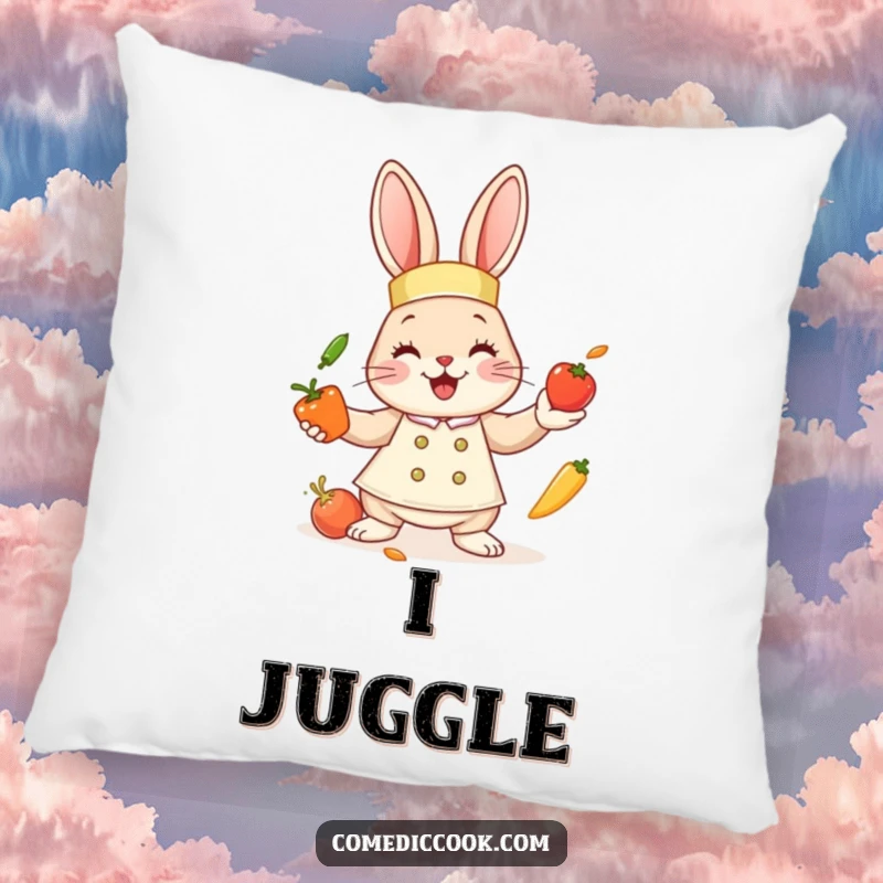 Funny bunny chef pillow featuring a cute bunny juggling vegetables, offering comfort and a touch of playful kitchen humor.