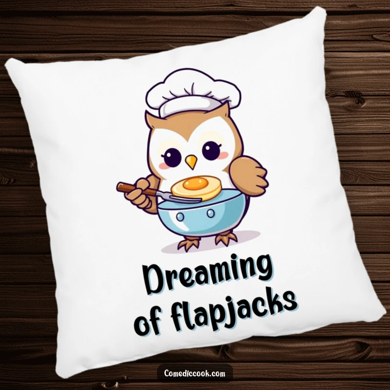Funny Kawaii owl chef pillow with a character flipping a pancake, adding kitchen comfort and humor.