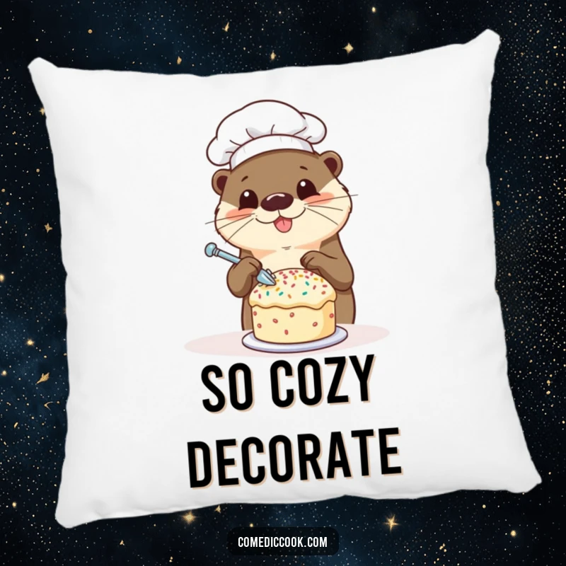 Funny otter chef pillow featuring a happy otter decorating a tiny cake with sprinkles, offering comfort and a touch of sweet baking humor.