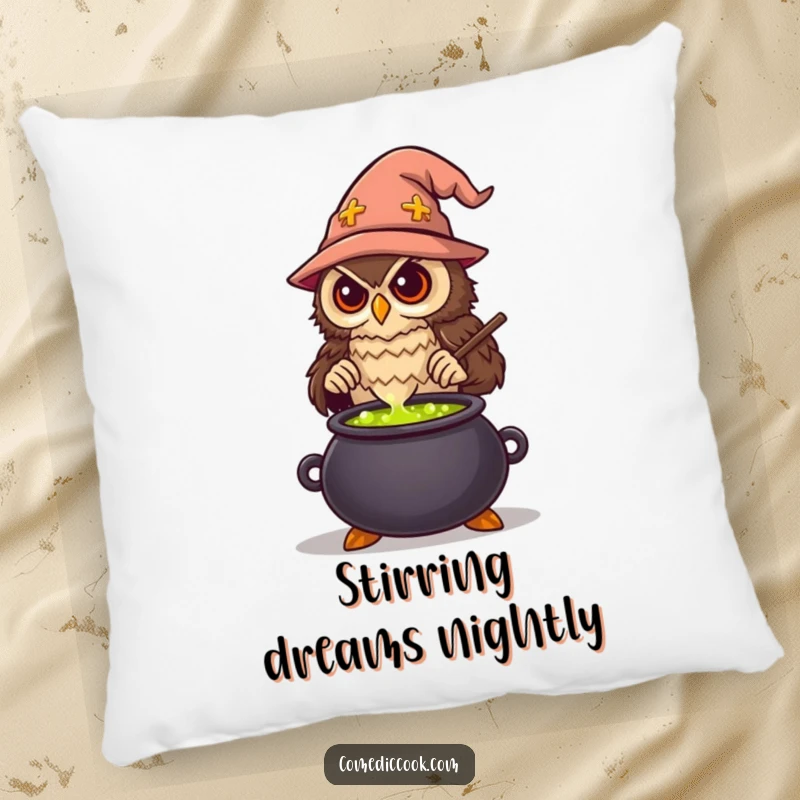 Funny Wise Owl Chef Pillow featuring a wise owl stirring a bubbling potion in a cauldron, a soft and humorous decorative item.