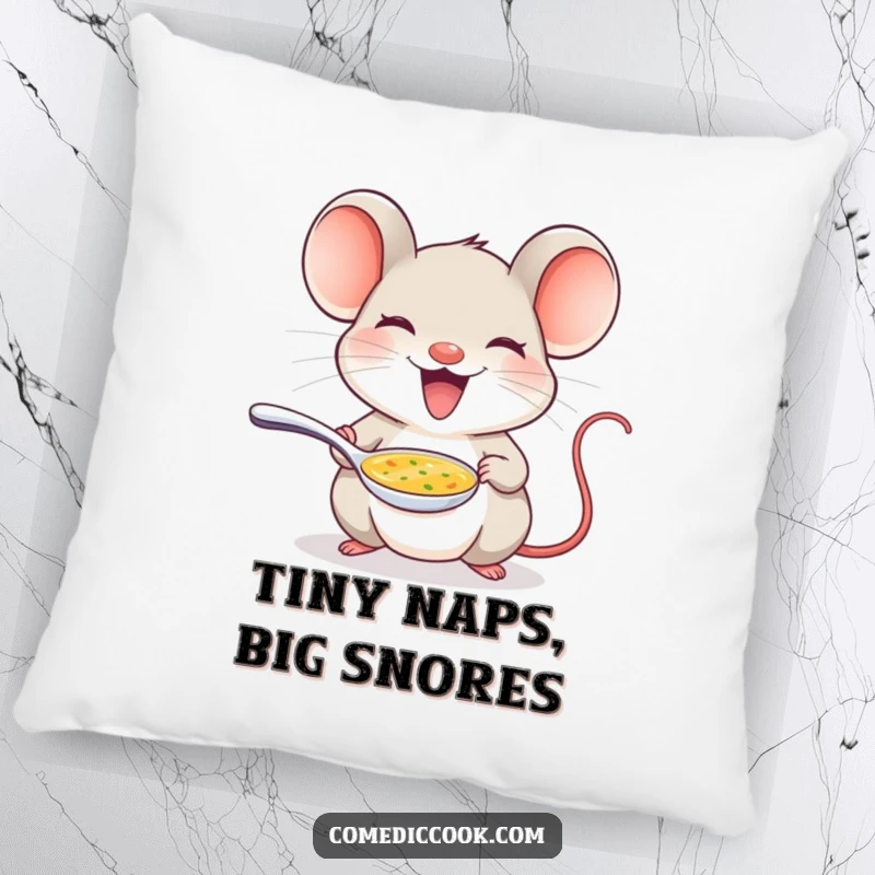 Funny mouse pillow featuring a delighted mouse offering a tiny spoon of soup, adding comfort and charm.