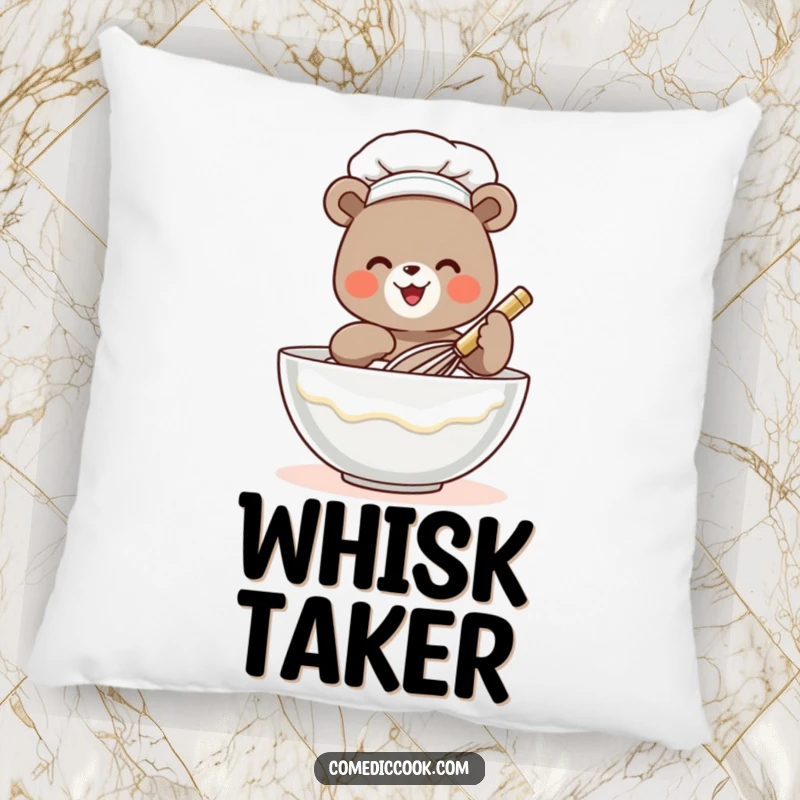 Funny bear chef pillow featuring a tiny whisking bear, offering comfort and a touch of kitchen humor for sofas and beds.