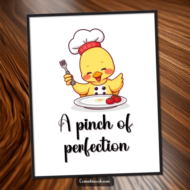 Funny Digital Art Print: a duck chef gleefully sprinkles seasoning, conveying a humorous love for cooking and flavor.