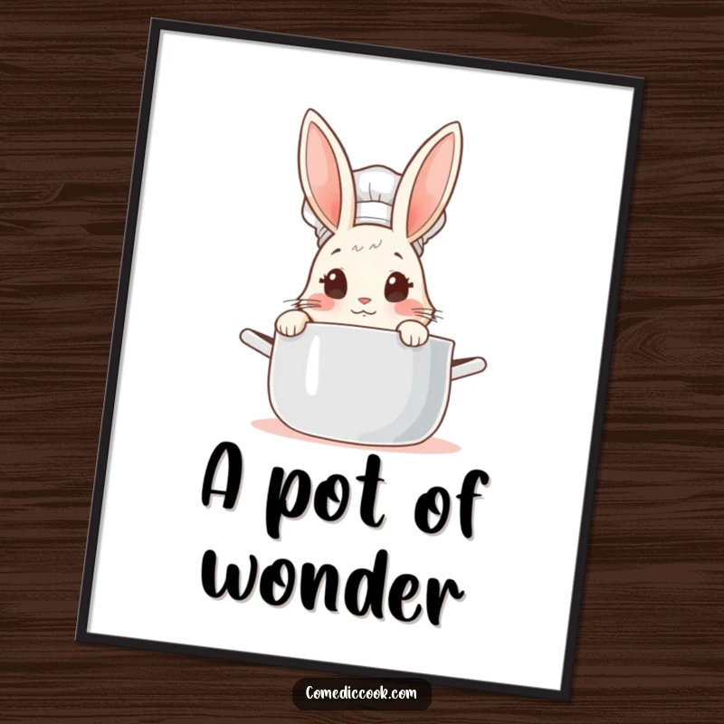 Funny Rabbit Chef Digital Art Print: Cute bunny chef peeking into a steaming pot, a joyful and humorous wall decoration.