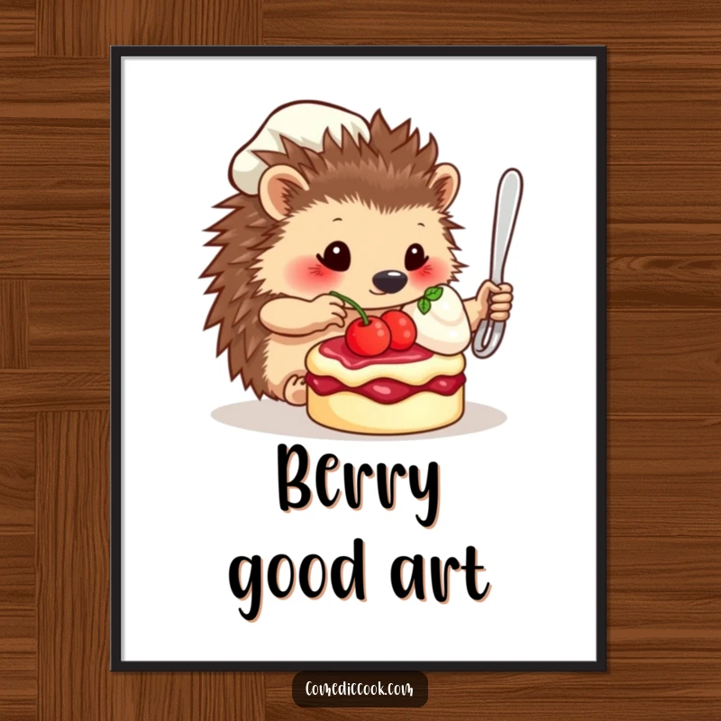 Funny Digital Art Print: A whimsical hedgehog chef artfully completes a dessert with a single berry.