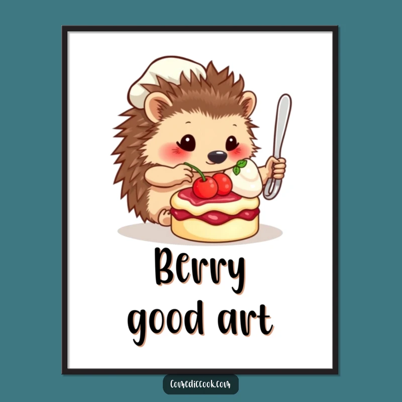 Funny Hedgehog Chef Digital Art: Gourmet Dessert Illustration Print