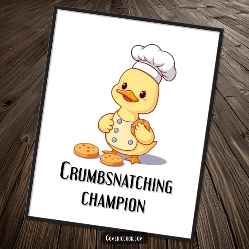 Funny smiling duckling chef carefully gathering a tiny cookie, offered as a humorous digital art print.