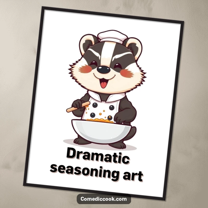Funny badger chef digital art print, a dramatic character seasoning a dish with a flourish, ideal for printable wall decor with a humorous culinary theme.
