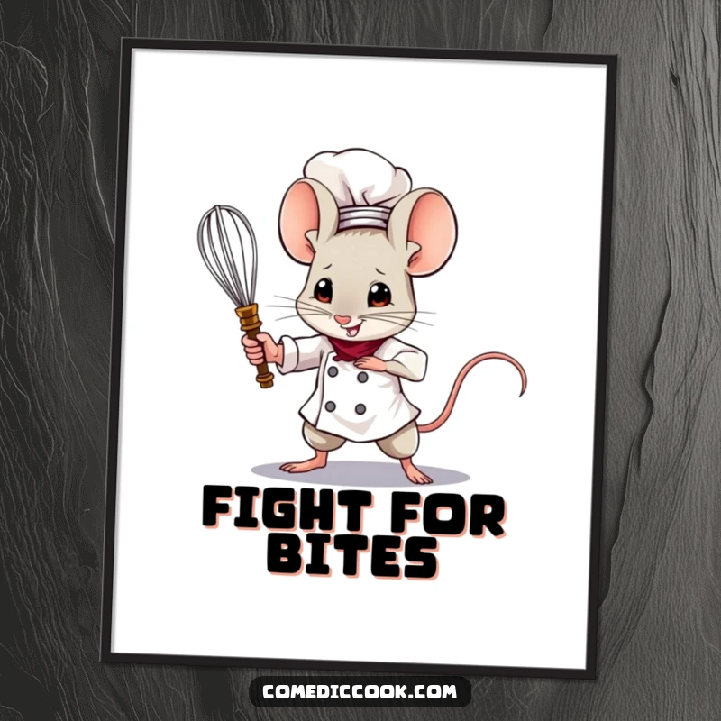 Funny Mouse Chef Digital Art Print of a brave mouse chef wielding a tiny whisk like a sword, offering instant heroic and humorous decor.