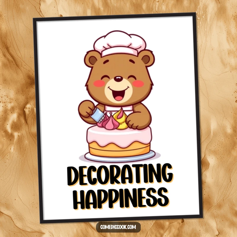 Funny, happy bear chef excitedly decorating a cake with colorful frosting swirls, captured in a high-resolution digital art print.
