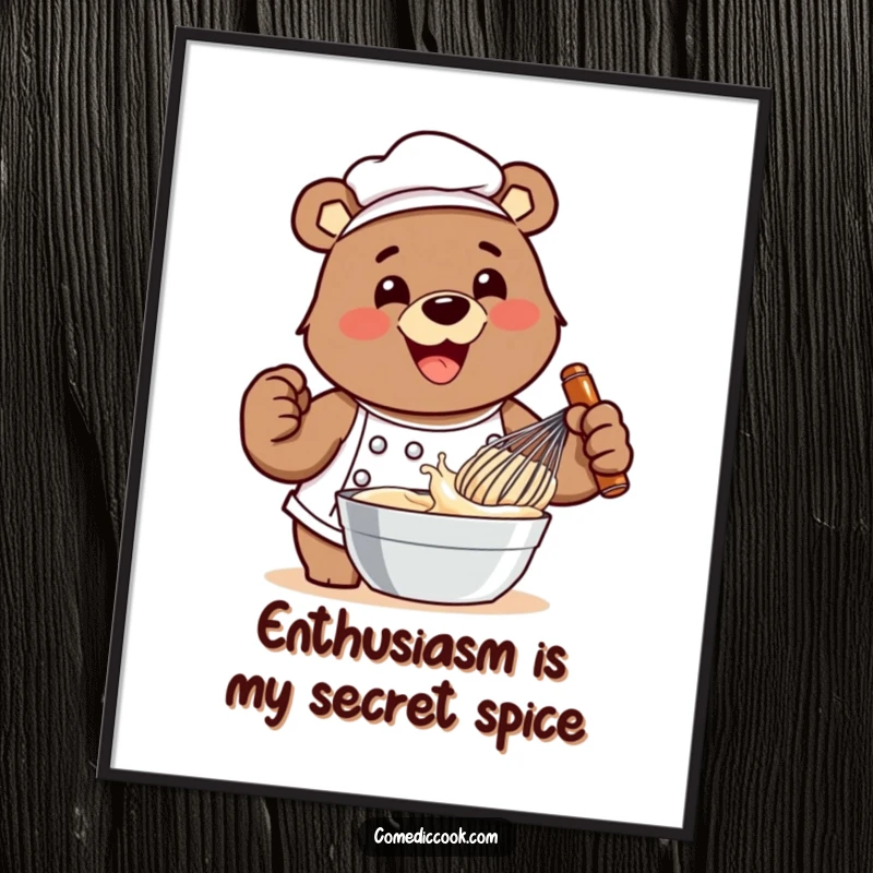 Funny smiling bear chef digital art print of him whisking batter with exaggerated enthusiasm, perfect for joyful kitchen decor.