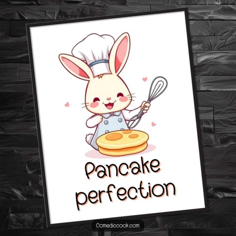 Funny bunny chef in a tall chef hat, flipping a pancake with a whisk, captured in a high-resolution digital art print.