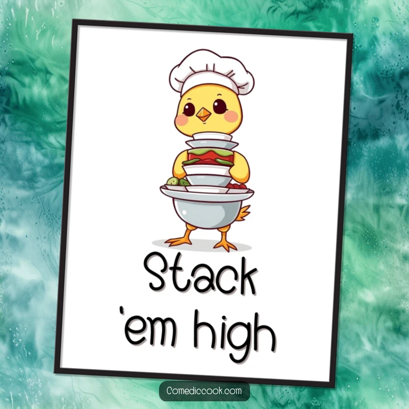 Funny Chick Chef Digital Art Print of a determined chick chef balancing a stack of tiny dishes, offering instant whimsical and humorous decor.