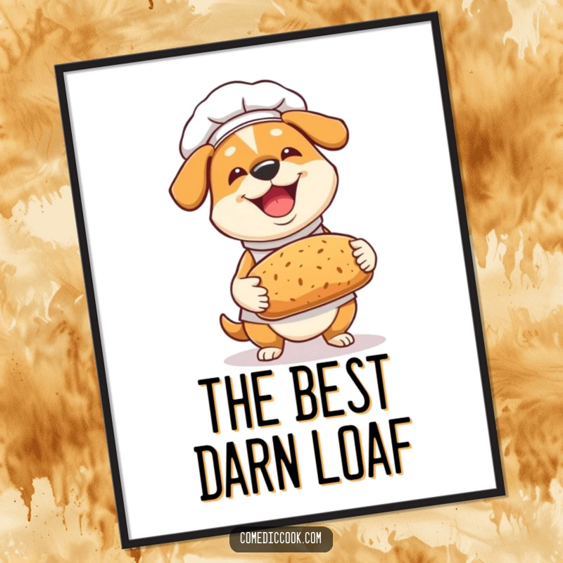 Funny Dog Chef Digital Art Print: A joyful dog chef proudly presents bread, a heartwarming and humorous wall art download.