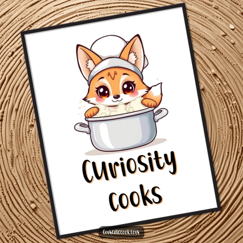 Funny fox chef digital art print of a curious fox peeking into a bubbling pot, perfect for immediate download and humorous wall decor.