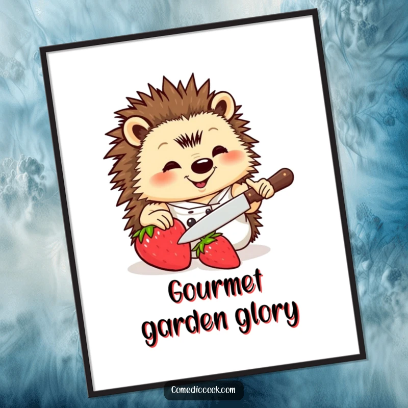 Funny Hedgehog Chef Digital Art Print featuring a smiling hedgehog chef meticulously slicing a strawberry, perfect for instant humorous wall decor.