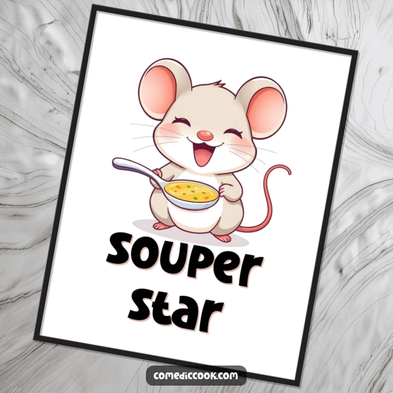 Funny mouse digital art print of a delighted mouse offering a tiny spoon of soup, for instant wall decor.
