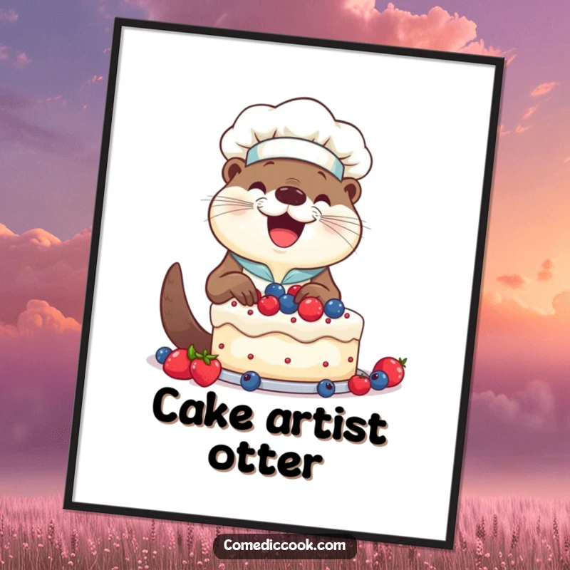 Funny Otter Chef Digital Art Print: Smiling otter happily decorating a cake with berries, a joyful and humorous wall decoration.