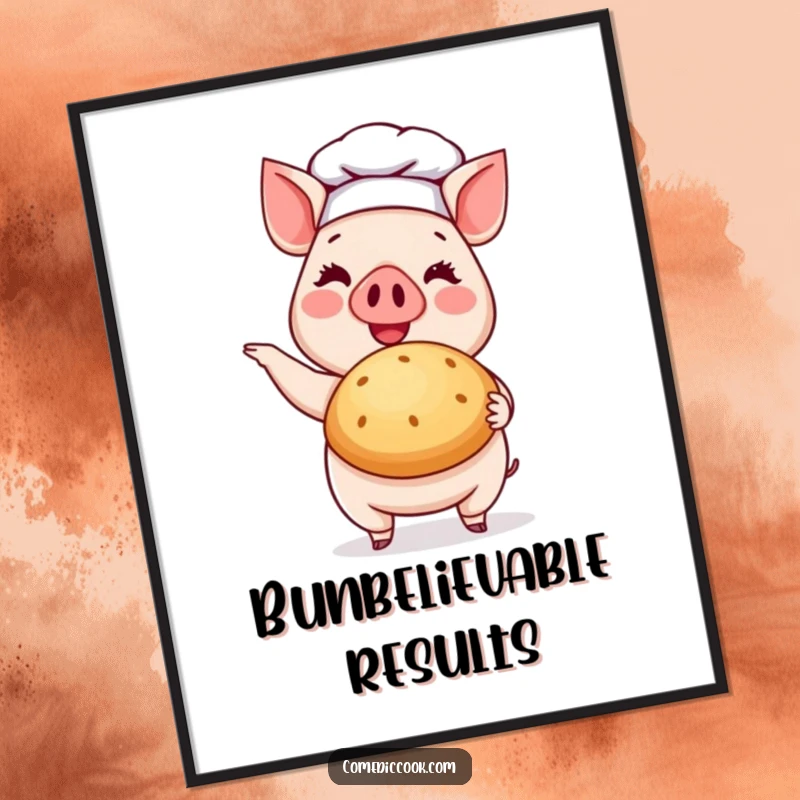 Funny Pig Chef Digital Art: High-resolution artwork of a happy pig chef proudly holding a perfectly baked bun.