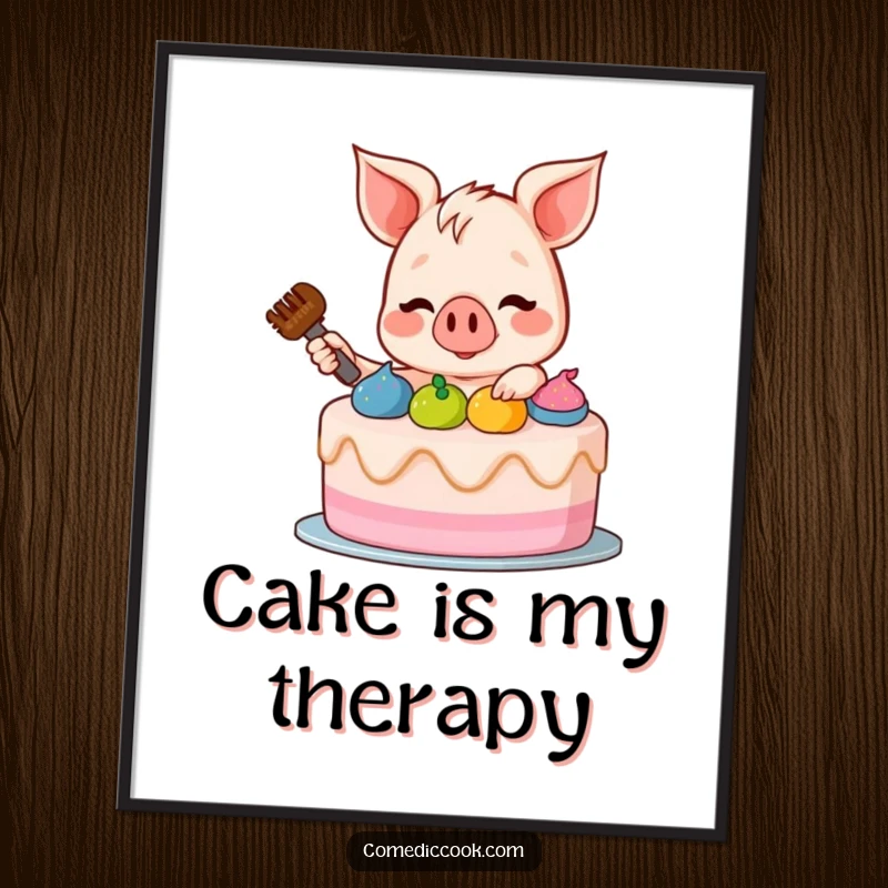 Funny Piglet Digital Art Print: High-resolution funny artwork of a piglet cheerfully decorating a cake, perfect for instant download and wall decor.