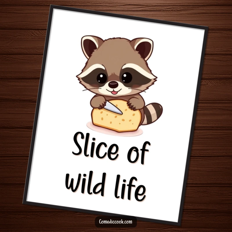 Funny raccoon digital art print of a beaming raccoon carefully slicing a loaf of bread, for instant wall decor.