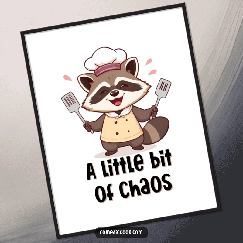 Funny happy raccoon chef digital art print of him juggling spatulas with a mischievous grin, perfect for playful kitchen decor.