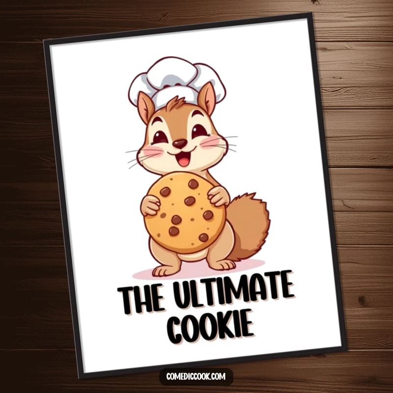 Funny Digital Art Print: a squirrel chef enthusiastically holds a giant cookie, conveying a humorous love for baking.