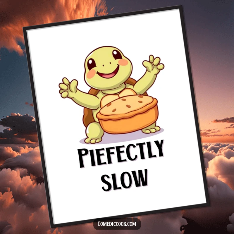 Funny turtle digital art print of a joyful turtle triumphantly presenting a baked pie, for instant wall decor.