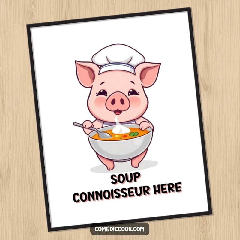 Funny proud pig chef character displays a steaming bowl of soup in a high-resolution digital art print, ready for instant download and display.