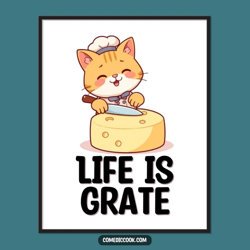 Funny Cat Chef Digital Art: Cheesy Slicing Wall Decor, Instant Hilarious Gift