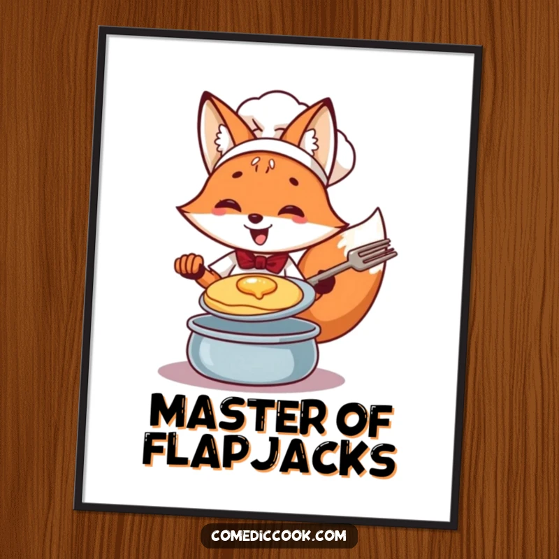 Funny Fox Chef Digital Art Print: Cheerful fox expertly flipping a pancake with a flourish, a dynamic and humorous wall art.