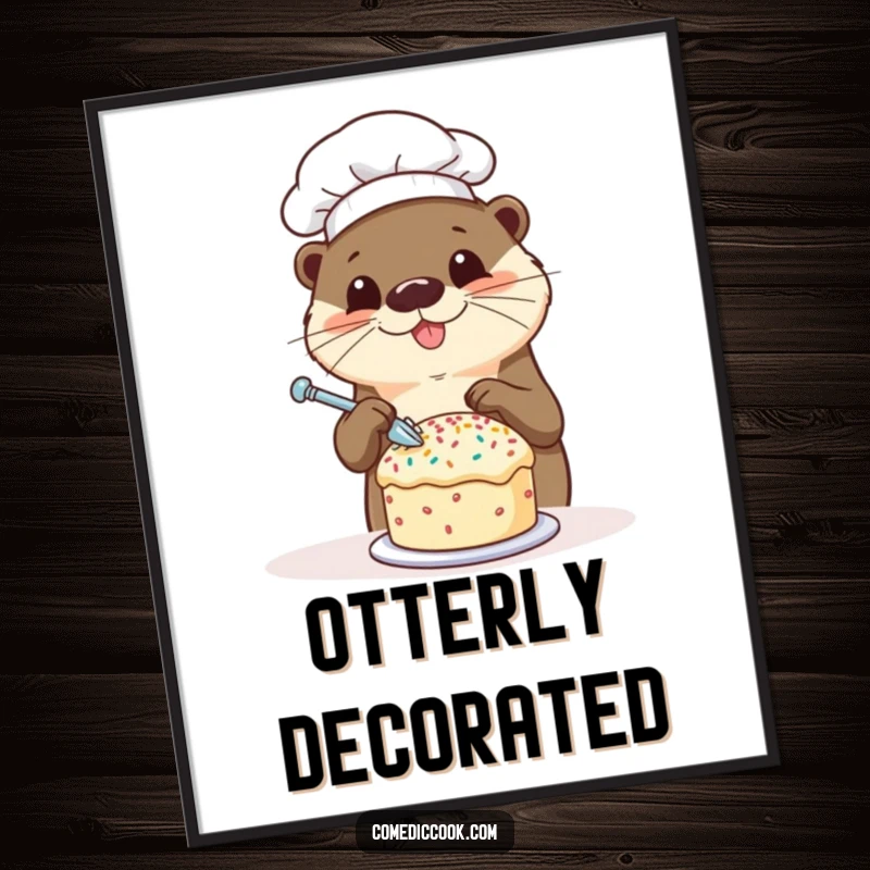 Funny otter chef digital art print of a happy otter decorating a tiny cake with sprinkles, perfect for immediate download and humorous wall decor.
