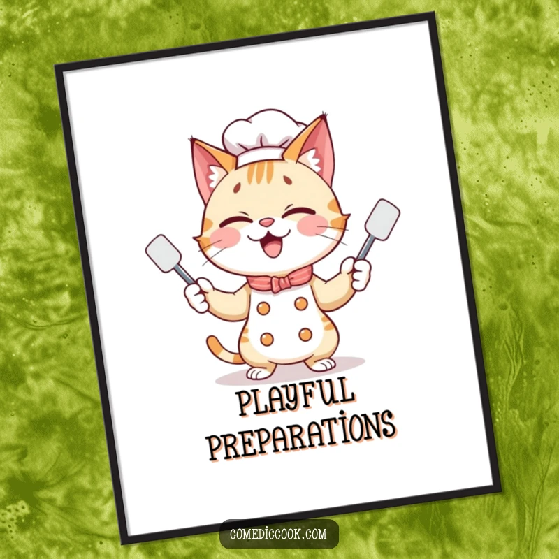 Funny, giggling cat chef juggling three tiny spatulas with a playful grin, captured in a high-resolution digital art print.