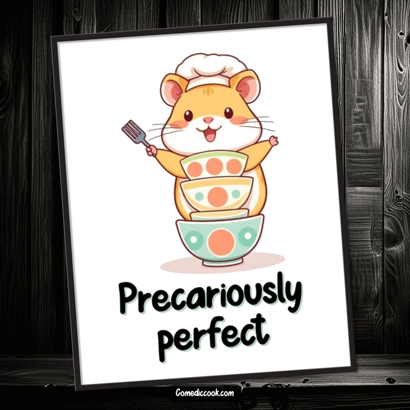 Funny Kawaii hamster chef digital art print, depicting a playful cute hamster balancing a stack of tiny bowls. Easy to print and frame, great funny gift.