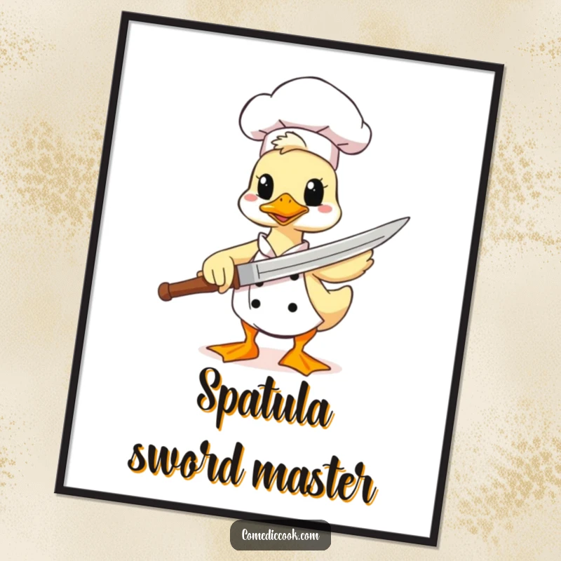 Funny duck chef digital art print, a comical character using a spatula as a sword, ideal for printable wall decor with a humorous theme.