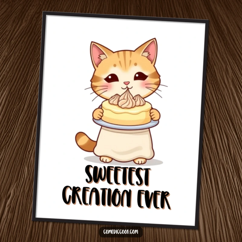Funny Cat Baker Digital Art Print of a cat in an apron presenting a cake, ready to add charm.
