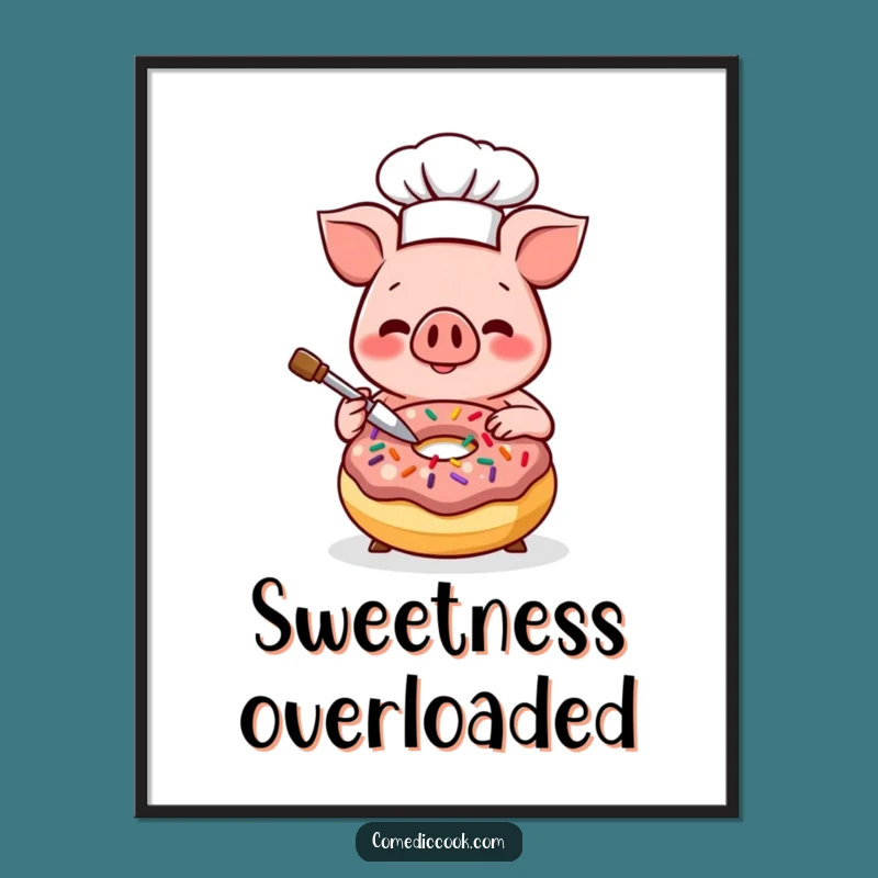 Funny Kawaii Pig Chef Digital Print - Happy Donut Decorator Art, Perfect Funny Gift