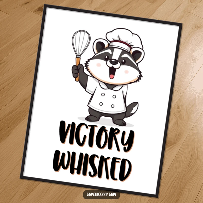 Funny Kawaii badger chef digital art print, depicting a proud cute badger holding a whisk aloft. Easy to print and frame, great funny gift.