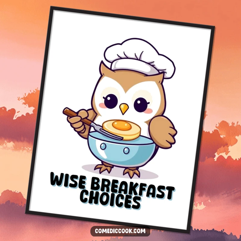 Funny Kawaii owl chef digital art print of a character flipping a pancake, vibrant and fun.