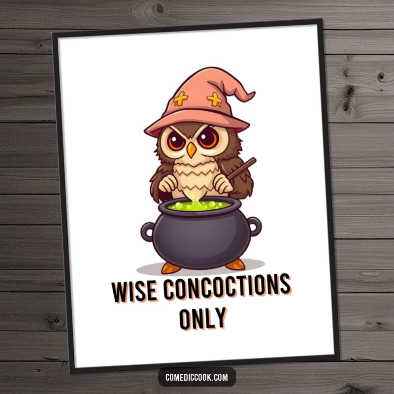Funny Wise Owl Chef Digital Art Print of a wise owl stirring a bubbling potion in a cauldron, offering instant whimsical and humorous decor.