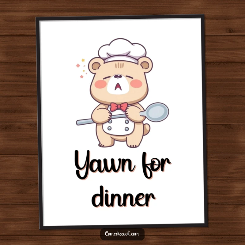 Funny Sleepy Bear Chef Digital Art Print of a sleepy bear yawning widely while holding a giant spoon, offering instant cozy and humorous decor.