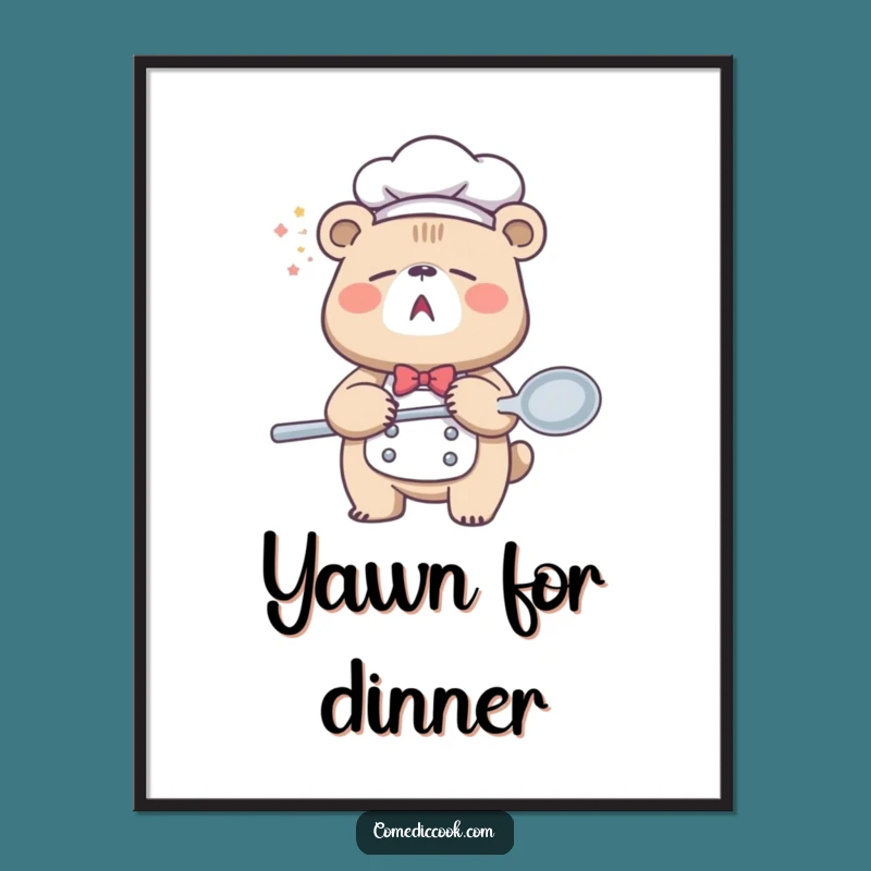 Funny Sleepy Bear Chef Digital Art: Yawning Wall Decor, Instant Hilarious Gift